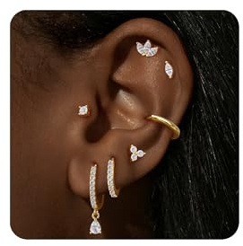 Turandoss 7 Paar Ohrringe Gold Silber Set für Damen, 14K Vergoldete Hypoallergene Klein Creolen Medizinische Ohrstecker Zirkonia Ohrringe Stecker Helix Piercings Set Knorpel Piercing Ohr Schmuck