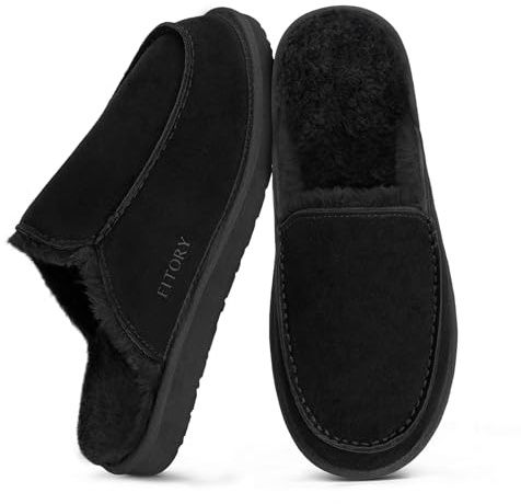 FITORY Men's Warm Suede Slippers,Winter Comfy Casual Fuzzy Lined Leather House Shoes for Indoor Outdoor Matte Black Size 8.5