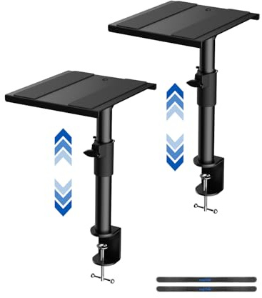 suptek Clamp-on Desktop Speaker Stands, 225mm x 245mm Metal Trays, Height Adjustable Universal Studio Monitor Holders for Bookshelf Speakers with Cable Management, Against the Wall, 2 Pack, Black