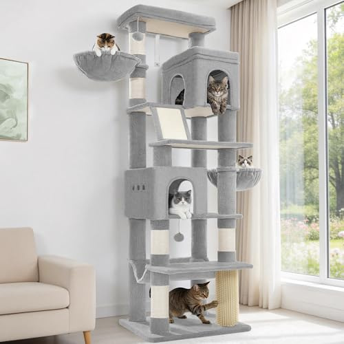 Hzuaneri Kratzbaum Groß, 213 cm Hoch, XXL Katzenbaum, 2 Plattformen, 2 Höhlen, 5 Kratzstämme, Kratzbrett, Katzenkorb, Hängematte, Geeignet für Alle Katzenrassen, Maine Coon, Hellgrau MS21318LG