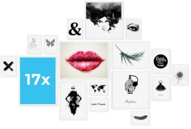 PHOTOLINI weiße Bilderrahmen Set verschiedene Größen, 17 Bilderrahmen weiß Holz MDF, Bilder Rahmen mit Acrylglas, Bilderrahmenset zum Aufhängen, Fotorahmen Set mit Zubehör für Fotos & Poster
