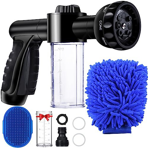 Hose Pipe Spray Gun with Soap Dispenser, Garden Hose Spray Gun Foam Sprayer 8 Way Adjustable High-Pressure Water Gun Sprinkler Hose Pipe Attachment for Car Wash, Pet Wash, Watering Plants Lawn