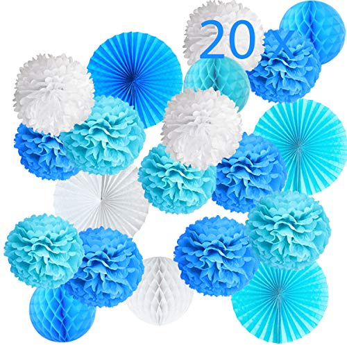 20er Blau Deko Seidenpapier Pompons, Dekorpapier Blumenpuscheln Papier, Rosetten, Fans Fächer, Papierfächer, Wabenbälle. Dekoration Taufe Junge Geburtstag Party Babyparty Baby Shower -20Stk-