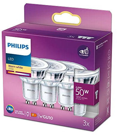 Ampoules LED GU10 Philips - Pack de 3 - 50W - Blanc chaud - Éclairage intérieur