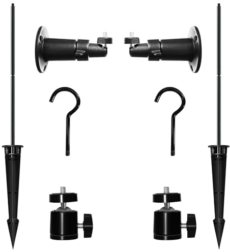 Ground Spikes Stakes w. Extension Poles & Universal Swivel Ball Head 1/4 Screw Wall Mounting Kits for Garden Lighting Trail Camera GoPro/Arlo/DSLR Camera (Black 2 Sets)