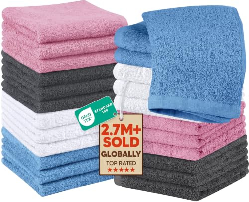Utopia Towels Cotton Washcloths - Pack of 24-100% Ring Spun Cotton, Premium Quality Flannel Face Cloths, Highly Absorbent and Soft Feel Fingertip Towels (White, Grey, Electric Blue, Pink) (UT0951)
