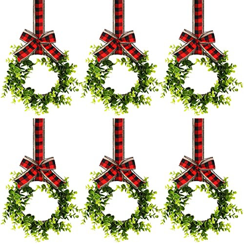 Yilloog Weihnachtskränze für Küchenschränke, dekorative Buchsbaumkränze mit Band, künstliches Grün, Bauernhaus zum Dekorieren von Haustür, Fenster, Party (rot, schwarz, kariert mit Leinen)
