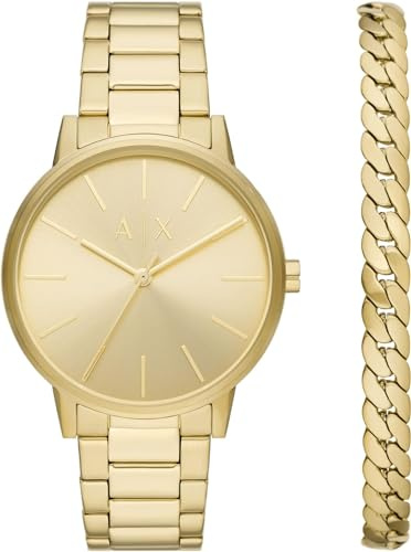 Armani Exchange Reloj Hombre, Movimiento cronógrafo de Cuarzo y Caja de 42mm con Correa de Acero Inoxidable, Juego de Tonos Dorados