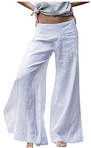 Pantaloni da donna in lino, estivi, casual, a vita bassa, larghi, per il tempo libero, estivi, per il tempo libero, a gamba larga, comodi, alla moda, eleganti, bianco, s