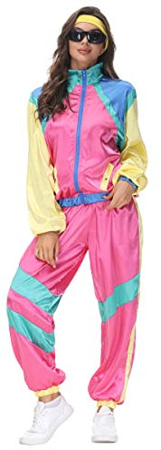 FYMNSI Damen 80er 90er Jahre Outfit Kostüm Trainingsanzug Jogginganzug Retro AnzugTrainingsjacke Hose mit Stirnband für Mottoparty Fasching Karneval Halloween Cosplay Assianzug Bad Taste Rose M