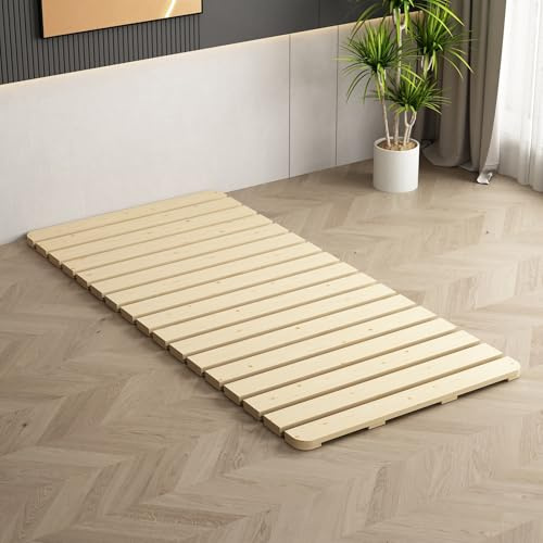 LOBOTOU Foldable Floor Bed Frame, Breathable Wooden Roll-Up Slats Base for Japanese Futon Mattress, Low Profile Sleep Bedding (Twin)