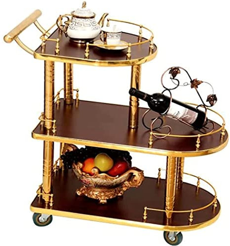 OLOTU tragbar Schöner und langlebiger Barwagen 3-lagiger Rollwagen Edelstahl-Esswagen Holztablett Servierwagen Mobiles Hotel Dauerhaft