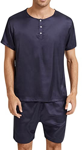 Caxndycing Pyjamas aus Reiner Seide für Herren Kurzes Schlafanzug-Set mit knöpfen, Nachtwäsche Nachtwäsche mit kurzen Ärmeln für den Sommer Herren Schlafanzug kurz Shorty Einfarbig Homewear