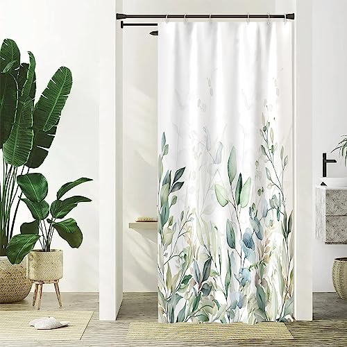 Uiiooazy Tenda da doccia in eucalipto verde, motivo foglie, anti muffa, impermeabile, in poliestere, lavabile, con 6 ganci per il bagno, 90 x 180 cm