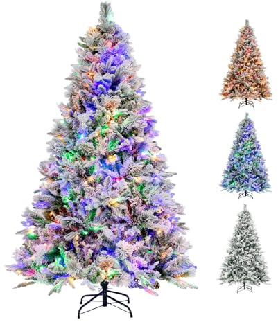 RELAX4LIFE 180 cm Weihnachtsbaum Künstlich mit Schnee & 34 Tannenzapfen, 240 mehrfarbigen LEDs, 850 Zweigspitzen, aus PE & Tannennadeln, Schnellaufbau Klappsystem, Metallständer