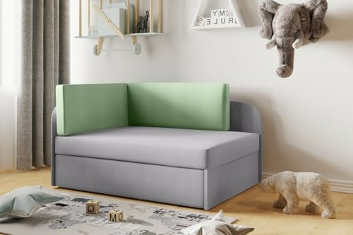 Kaiser Möbel - Kindersofa mit Schlaffunktion und Bettkasten, Kleines Sofa L-Form, Kinder Bett, Bequemes Couch für Kinderzimmer und Jugendzimmer, Stoff Casablanca, Winnie, Grau-Grün, Rechts