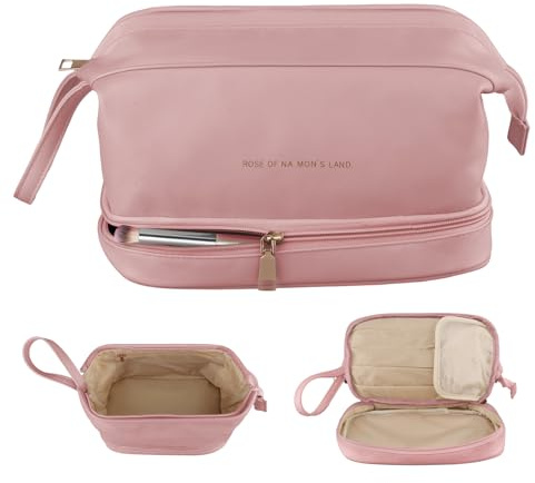 QLoztyse Reise Kosmetiktasche für Damen - doppellagige Make up Tasche, großer tragbarer Organizer aus Leder mit Fächern für Mädchen, Reisen, Bürsten Kulturartikel, Rose, Modisch und vielseitig