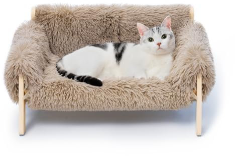 MEWOOFUN Erhöhtes Katzenbett Sofa aus Holz, 56x45cm robust großes Katzensofa – modischer Katzenstuhl mit abnehmbarem Matratzenbezug Belastbar mit 10 kg (Hellbraun, 56x45cm)
