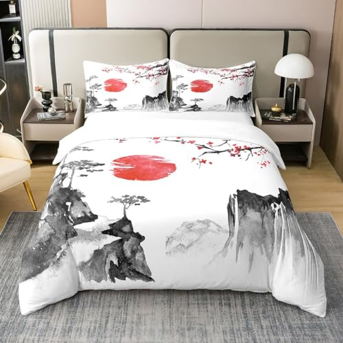 Loussiesd Japanische Ukiyoe Bettwäsche Set Kirschblüten Rote Sonne Bettbezug für Kinder Jungen Mädchen Tinte Japanischen Stil Bettwäsche Set 135x200cm 100% Baumwolle Exotischer Stil Dekor Bettwäsche
