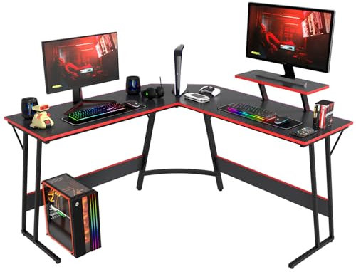 BestOffice Bureau Gaming d'angle 128x128x90cm Bureau en Forme de L Corner Table de Jeu avec Support pour écran avec Grand Bureau pour étudier（Noir）