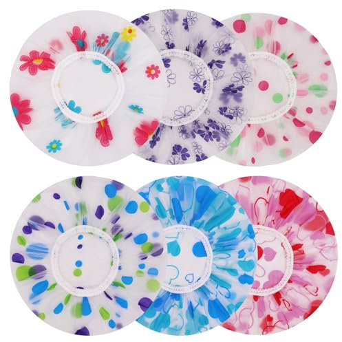 Pack of 6 Shower Caps for Women,Waterproof and Reusable Bath Cap, 28cm Width with Elastic Band,for Women Spa, Home Use, Hotel and Hair Salon, Portable Travel