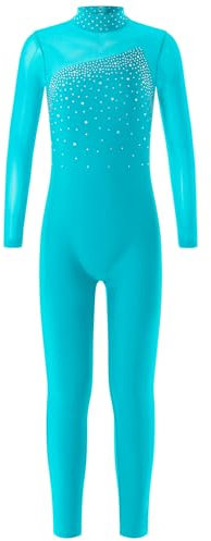 Eandarui Turnanzug Ganzkörper Mädchen Langarm Strass Glitzer Voltigieranzug Kinder Sportbody Gymnastik Trikot Stehkragen Leotard Mit Cut Out Tanzkleidung blauer See 170-176