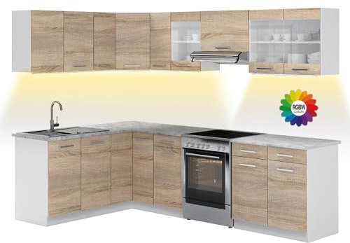 Vicco Eckküche Rick, Sonoma, 167 x 60 cm, AP Marmor mit LED-Leisten