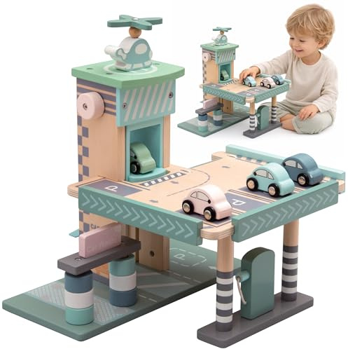MERKAN, Kinder Holzparkplatz mit Accessoires, Zweistöckige Holz-Fahrzeuggarage,Skandinavische Farbgebung, Holzspielzeug für Kinder, Interaktives Spielzeug, Zubehör inklusive,