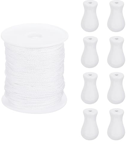 sourcing map Braided Lift Shade Cord, 1.8 mm 110 Yards/Roll Nylon Cord String with 8Pcs Wood Blind Pull Cord Knobs for Roman Blind Shade Rollers Repair Curtain Craft DIY (White)
