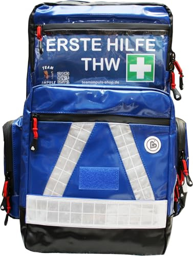 Erste Hilfe Notfallrucksack THW Planenmaterial Blau - Weiße Reflexstreifen - Waterstop Reißverschlüsse