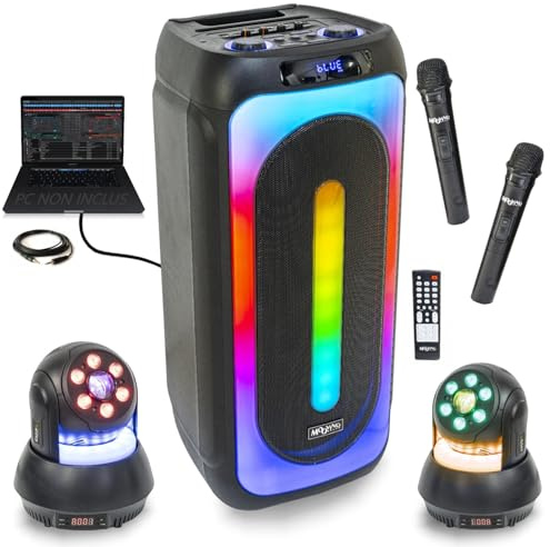 Ibiza - Pack Enceinte Bluetooth USB Karaoke Mooving Sound MS-MAGIC-SOUND1000-2 Micros - 2 Lyres Star-Wash 30W DMW - Soirée Fête Nuit