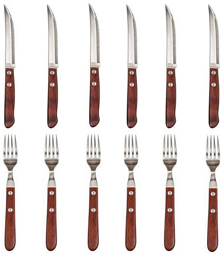 Steakbesteck edelstahl holz set 12 teilig mit 6 teilig Steakmessern und 6 teilig Steakgabeln