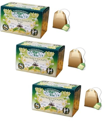 Sweet Herbs® | Tisana Pino Mugo Eucalipto Timo Menta | Infuso Biologico Calmante e Rinfrescante - 3 x 20 Filtri in Singole Bustine (60 Gr)