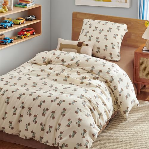 AShanlan Kinderbettwäsche 100x135 Baumwolle Musselin Kinder Bettwäsche Set | Bettbezug 100 x 135 cm und Kissenbezug 40x60 cm, Oeko-TEX zertifizierte, für Babys/Jungen, Braun Dackel Muster