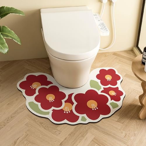 PEIHUODAN Tapis Toilette Forme U – Tapis Contour WC Motif Floral, Tapis De Toilette À Séchage Rapide Et Antidérapant en Terre De Diatomées, Tapis De Bain Absorbant Et Lavable (Rouge,40x63cm)