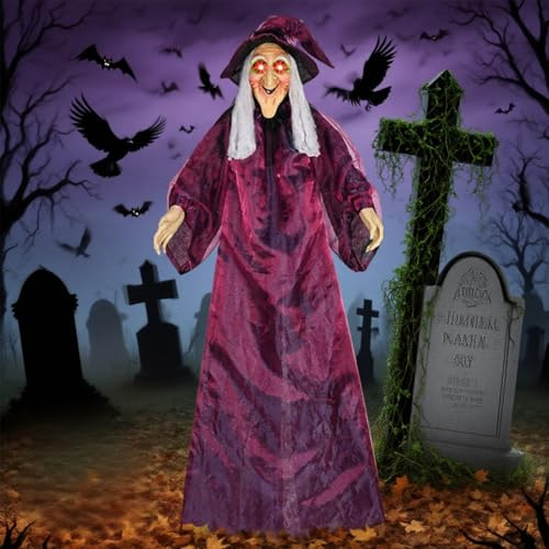 Decorazione da Strega Parlante Animata, Decorazione Strega Appesa Halloween con Suoni Spaventosi e Occhi Luminosi, Strega Parlante Animata Appesa, Decorazioni per Strega Animatronics di Halloween