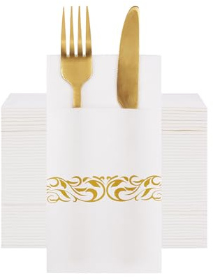 VANHEON Pre-Folded Napkins Built-in Flatware, Cloth Like and Absorbent | 50 Counts, Linen Feel, Air Laid Technology, Ultra-Soft, Gold Trim Decorative Design, Elegant for Party, Wedding 16 x 16