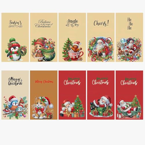 Lebartm 10Stück Klapp Weihnachten Grußkarte DIY Diamant Kunst Malerei Kreatives Design Dankeskarten mit Umschlägen Segensgeschenk Grußkartenset für Geburtstag Basteln Karte-Weihnachten