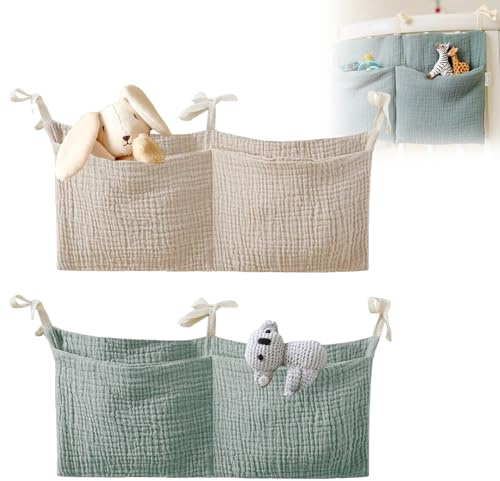 2 organizer da appendere per lettino, 2 in 1, regolabile, per pannolini, vestiti, giocattoli, cameretta dei bambini, organizer da appendere con tasche, organizer per culla, colore verde fagiolo e