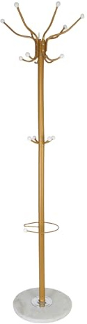 Relaxdays Garderobenständer mit Schirmständer, 16 Haken, H x D: 176,5 x 36,5 cm, Marmorfuß, Standgarderobe, Gold/weiß