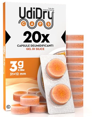 20 Capsule Deumidificanti per Apparecchi Acustici UdiDry Caps (3g) 31mm con Gel di Silice di Alta Qualità - Capsule Essiccanti con Indicatore di Colore per Asciugatura Protesi Acustiche
