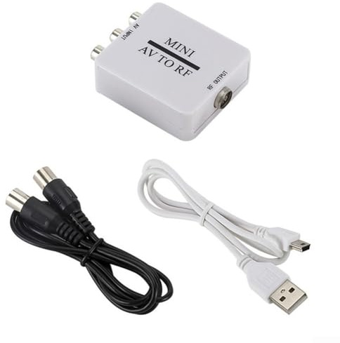 Oniissy Compuesto a AV RF convertidor coaxial 67.25/61.25 MHz Mini adaptador de señal, modulador AV a RF para TV para VHS VCR para grabadora de DVD y reproducción con USB y RF