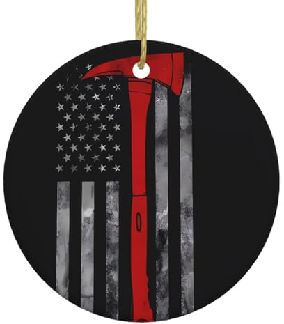 WHJSSF Firefighter Axe Red Line Flag Pattern Christmas Tree Ceramic Round Hanging -2.9 in Add Atmosphere to The Holiday Party