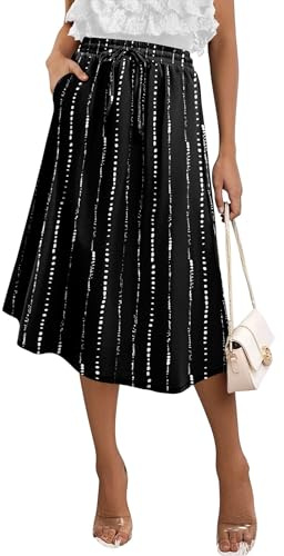 Women's 2025 Bohemian A-Line Skirt Elastic Waist Stripes Printed Midi Pencil Skirts with Pockets (BlackVerticalStripes, X-Large)