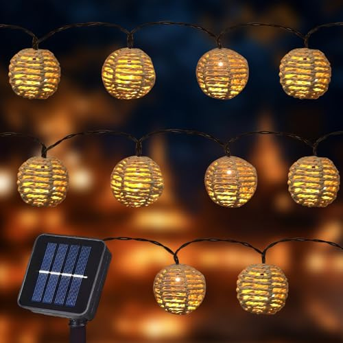 RNPKZ Rattan Ball String Lights, Outdoor Solar Fairy Lights with 10 Paper Rattan Balls, Weatherproof LED Solar Rattan Ball Lantern, Paper Rope Solar Fairy Lights for Outdoor Balcony Garden