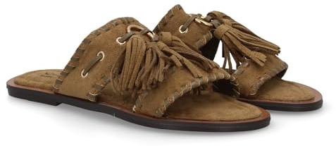 shoes&blues.es Sandalo tipo pala da donna con stile boho e design artigianale, dettaglio frange e cuciture, ornamento a cerchio metallico. Ideale per la primavera estate. Suola imbottita piatta