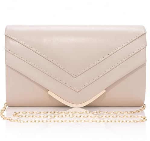 Toptime Damen Clutch, Nude Leder Abendtasche mit Abnehmbare Metallkette, Elegante Handtasche Damen Klein mit V-Line-Klappe, Schlicht Umschlag Umhängetasche für Hochzeit Party Cocktail Abschlussball
