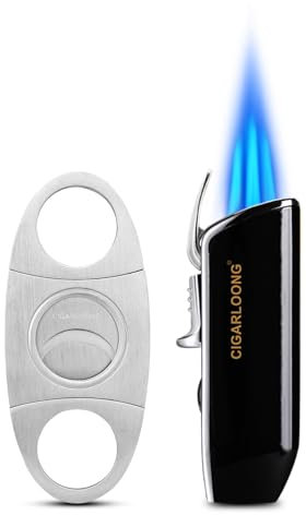 CIGARLOONG Cigar Cutter and Lighter Set Black Double Blade Simple Cigar Guillotine and 3 Jet Torch Blue Flames Refillable Lighter
