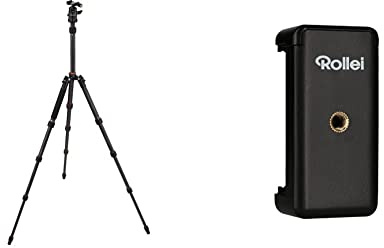 Rollei Compact Traveler No. 1 Carbon-sehr leichtes Reisestativ aus Carbon mit einem Packmaß von nur 33 cm,Schwarz & Smartphone Halterung-universeller Halter für ihr Smartphone mit 1/4“ Gewinde,Schwarz
