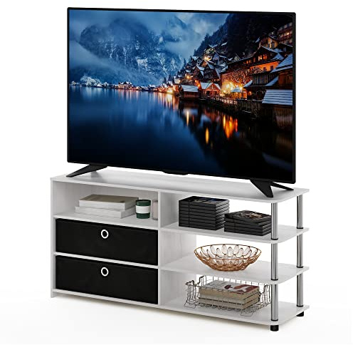Furinno Jaya Soporte de TV de diseño Simple, Engineered Wood, Roble Blanco/Cromo/Negro, 33.3(D) x 118.4(W) x 56.4(H) cm | Tubos de acero inoxidable, centro de entretenimiento de diseño simple, consola de TV, para sala de estar, dormitorio